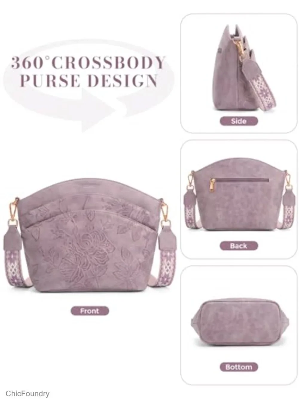 Vegan Leather Crossbody Bag for Women with Embossed Floral Design Medium Purse,